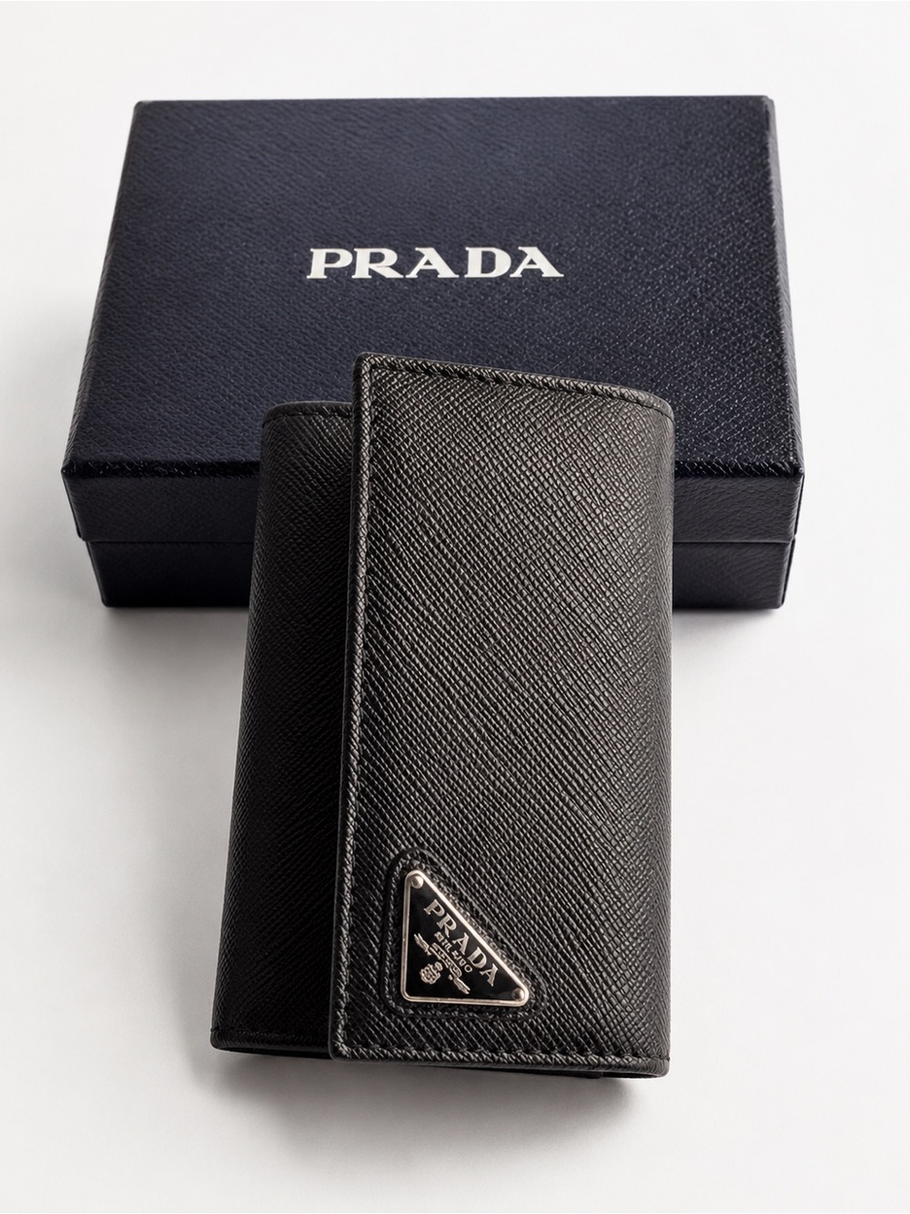 Authentic Prada Black Textured Leather Key & Card Holder with Silver Logo